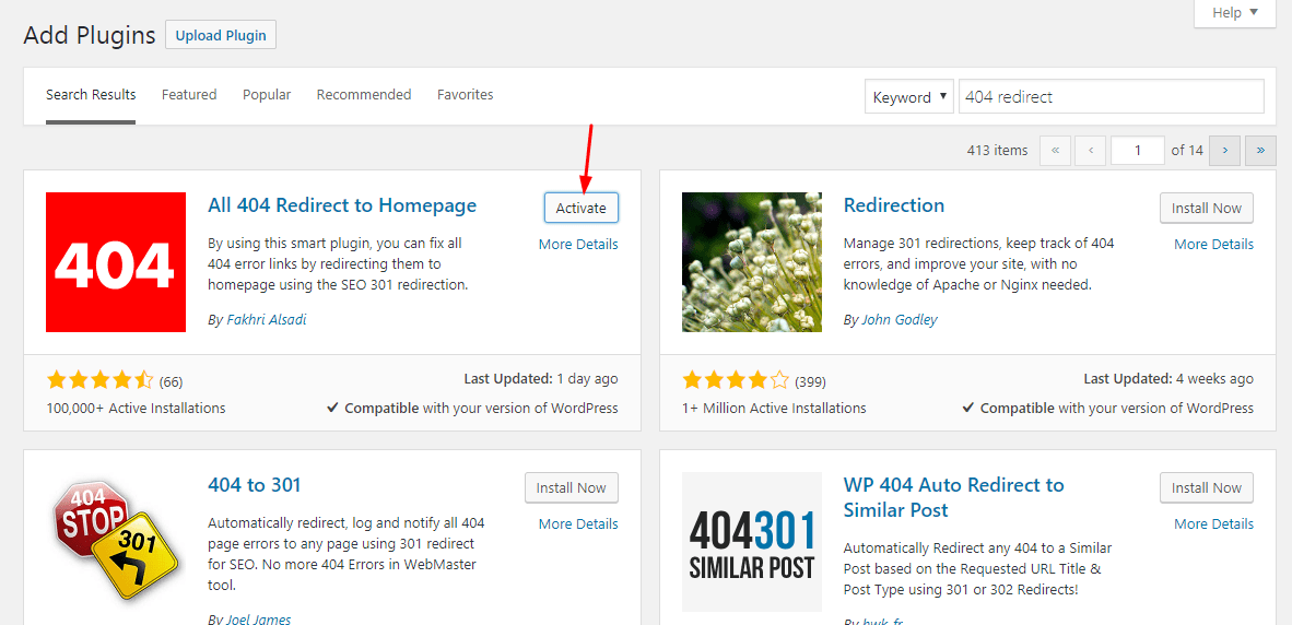 activate plugin all 404 errors to homepage