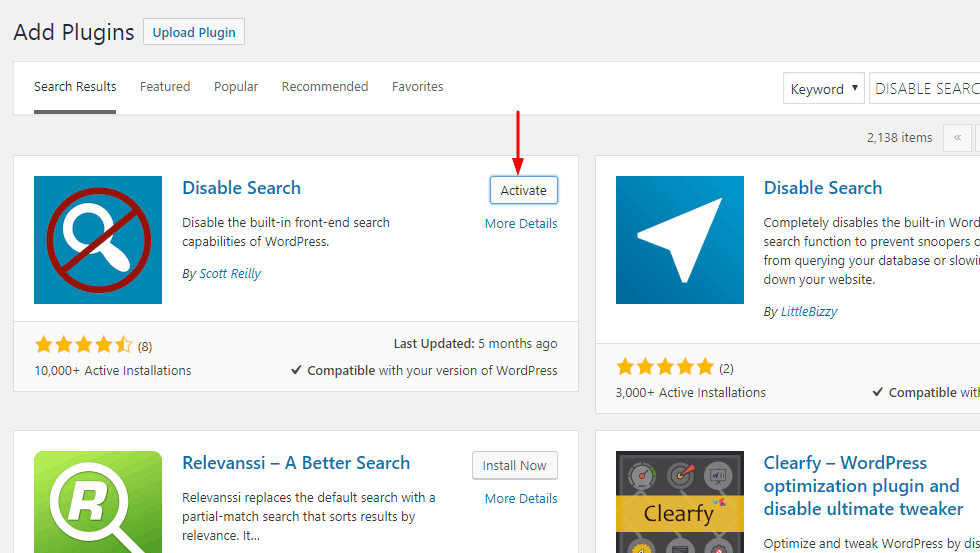 activate the disable search plugin on wordpress