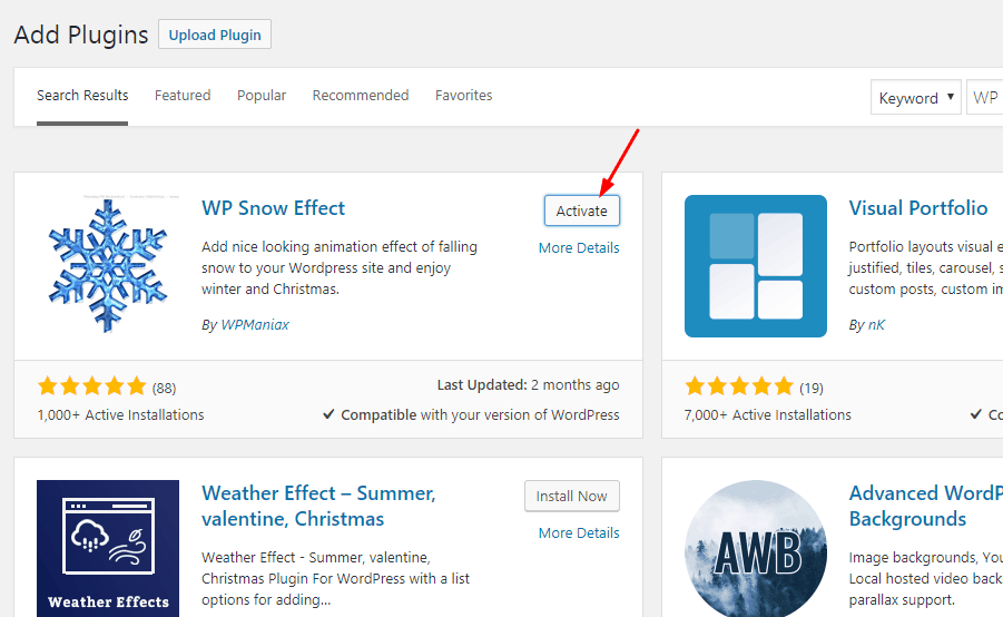 activate WP Snow Effect Plugin