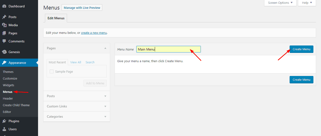 creating menu on wordpress from appearance
