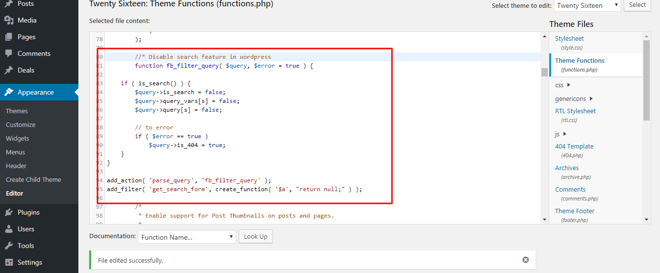 search feature disabling code