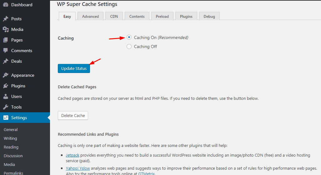 enable caching by wp super cache