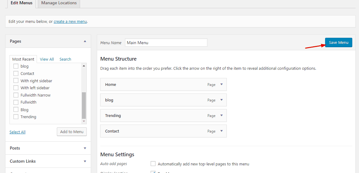 save menu on new tab settings