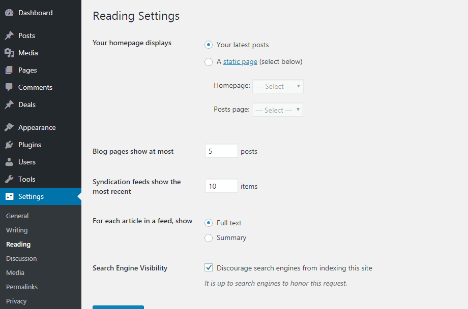 wordpress reading settings default