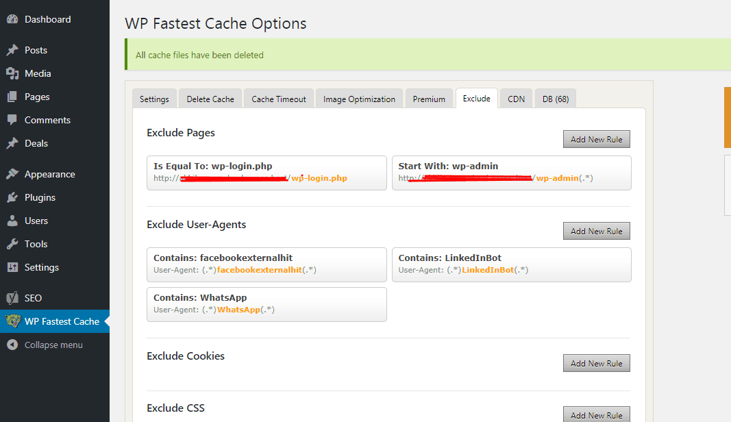 wp fastest cache exclude caching pages