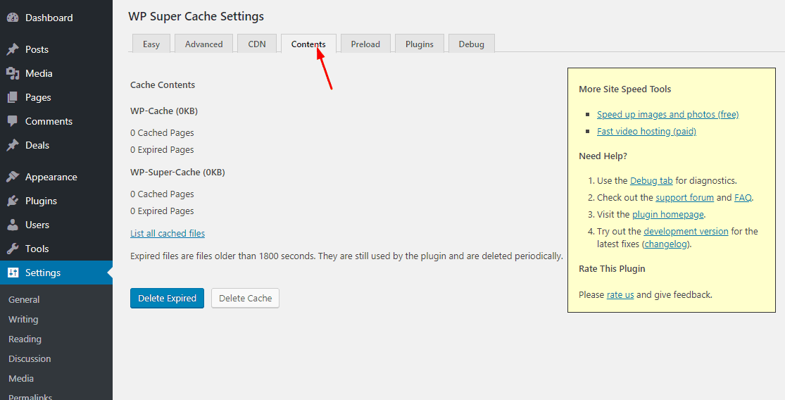 contents settings in wp super cache