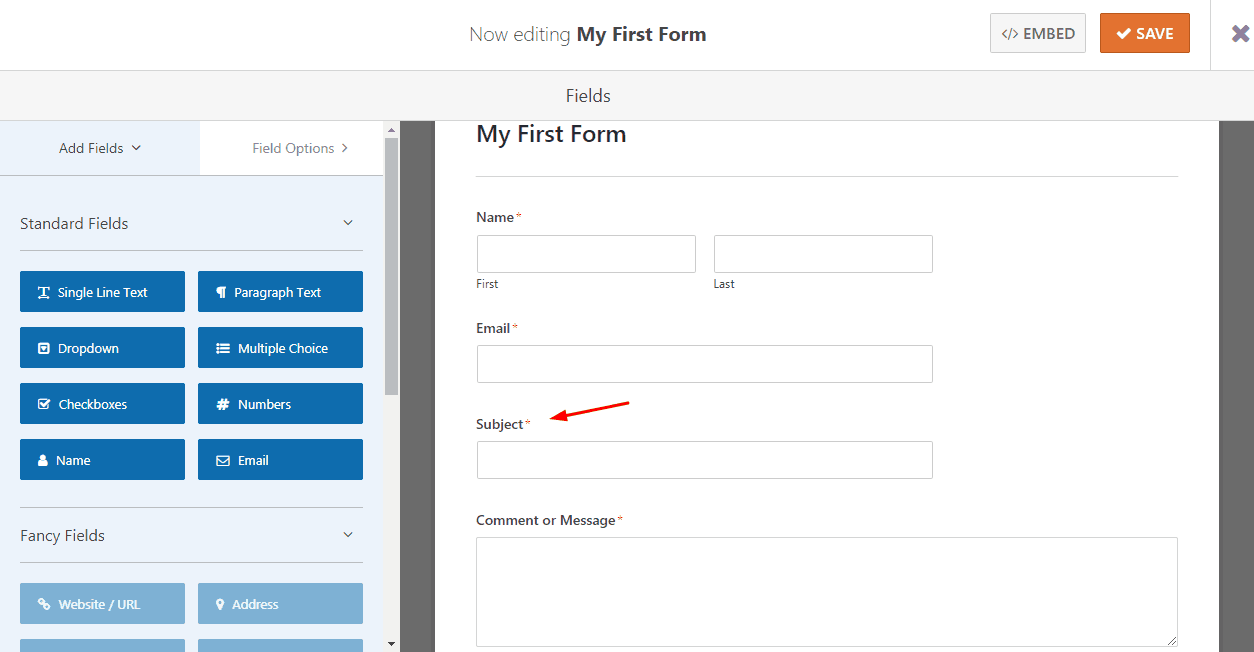 adding subject filed in WPForms