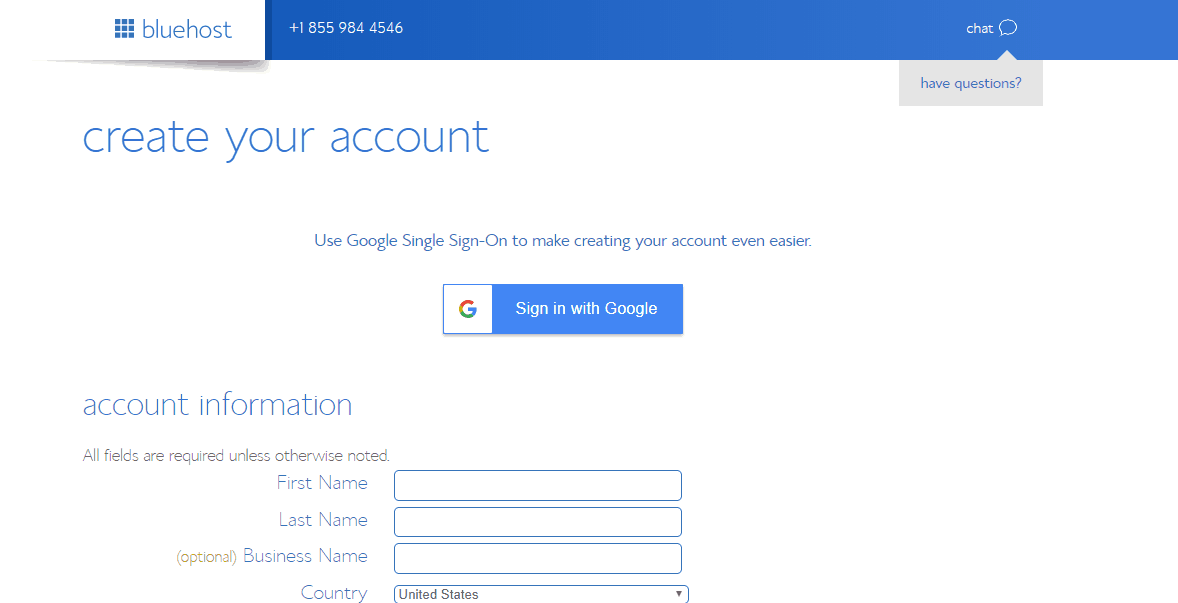 create a bluehost account