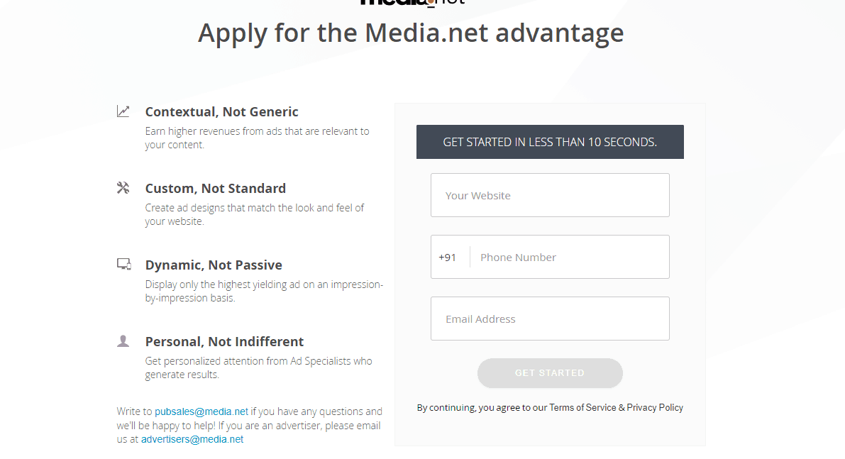 Media.net registration page