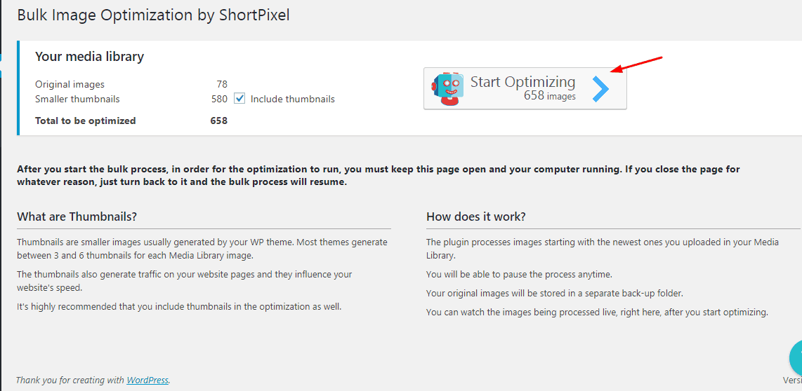 shortpixel start optimizing