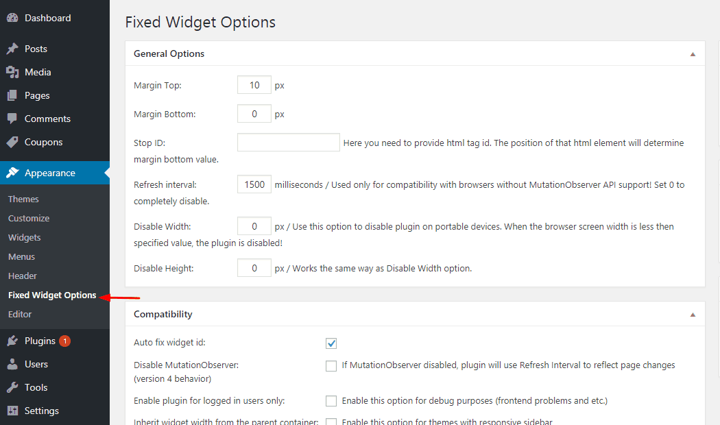 fixed widget plugin settings