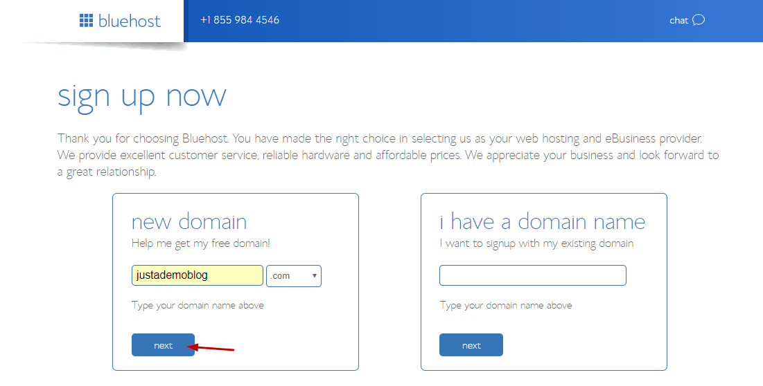 search for free .com domain from bluehost